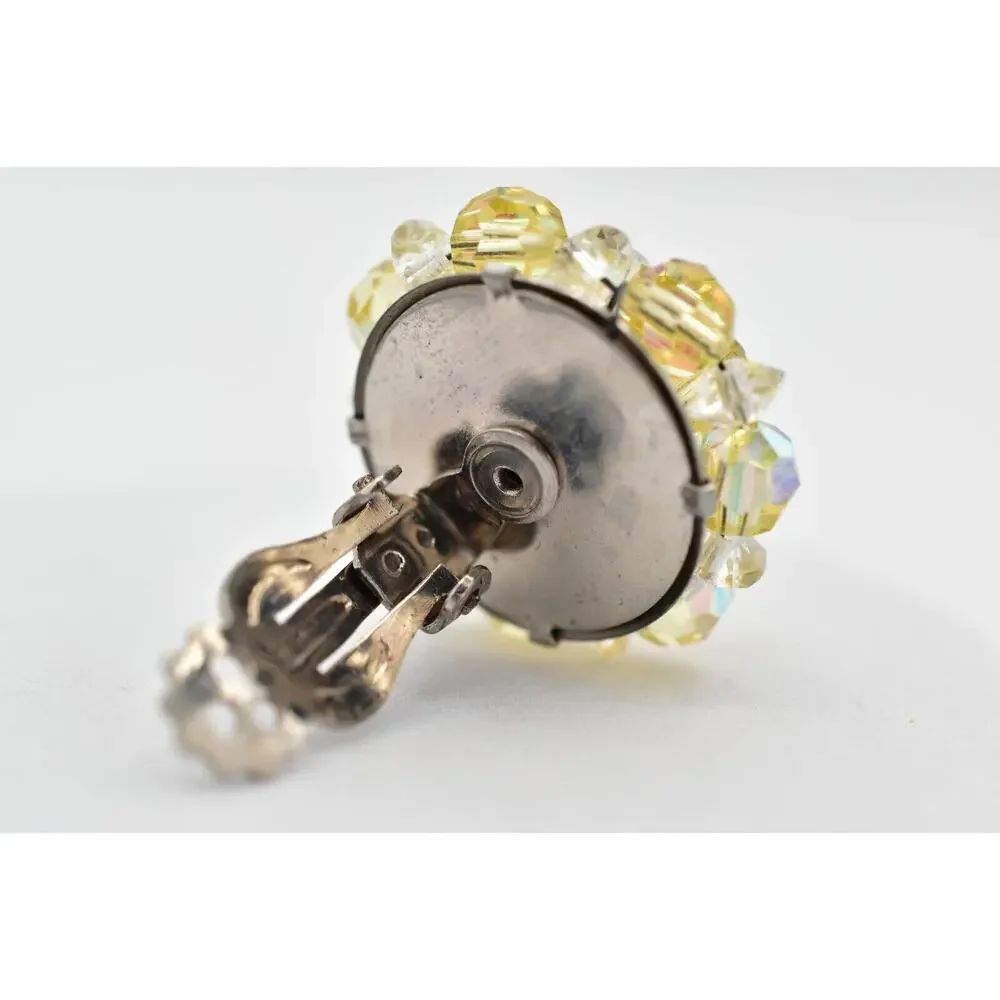 Laguna Vintage Clip On Crystal Earrings Yellow AB Cluster Signed Glam 1950s A24
